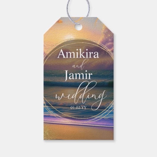 鮮やかビーチのフェイクグリッター結婚の ギフトタグ (正面)