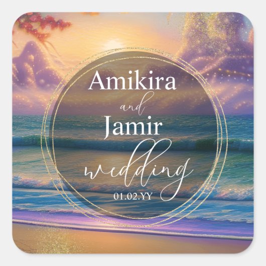 鮮やかビーチのフェイクグリッター結婚の スクエアシール (正面)