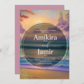 鮮やかビーチ背景グリッター結婚の 招待状 (正面/裏面)