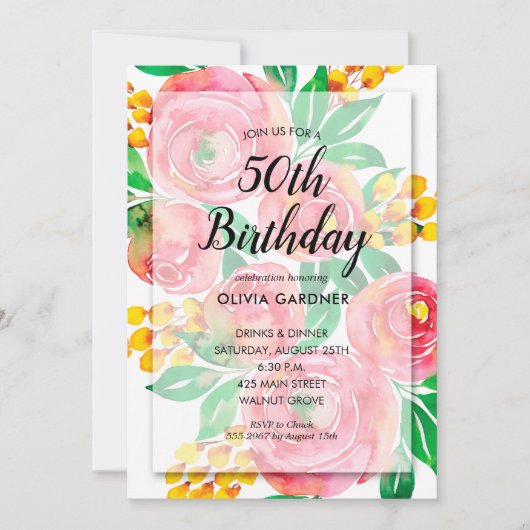 鮮やかピンクウォーター色フローラ誕生日招待状 (正面)