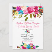 鮮やかピンク色のフローラタイポグラフィ結婚ズ 招待状 (正面)