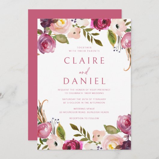 鮮やかピンク色のフローラリース結婚ズ 招待状 (正面/裏面)