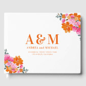 鮮やかピンク&オレンジフローラモノグラム結婚ズ ゲストブック (正面)