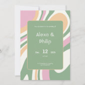 鮮やかピンク、グリーン、クリーム結婚ライン 招待状 (正面)