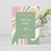 鮮やかピンク、グリーン、クリーム結婚ライン 招待状 (スタンド正面)