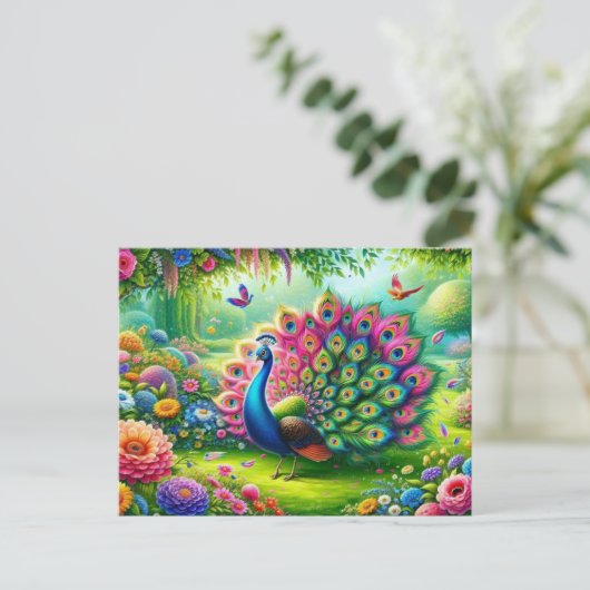 鮮やかファンタジー園の孔雀絵を描 ポストカード (スタンド正面)