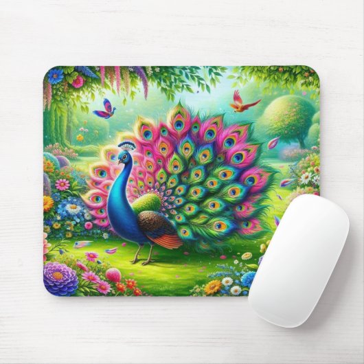 鮮やかファンタジー園の孔雀絵を描 マウスパッド (マウス)