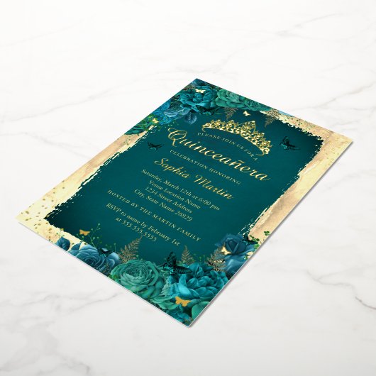 鮮やかフローラエレガントバタフライティール（緑がかった色）キンセアニェラ 箔招待状 (回転した状態)