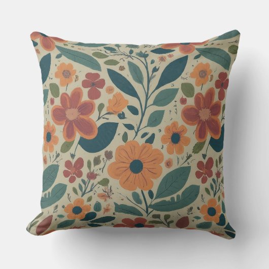 鮮やかフローラオレンジティール(緑がかった色)レトロパターンデザイン クッション (正面)