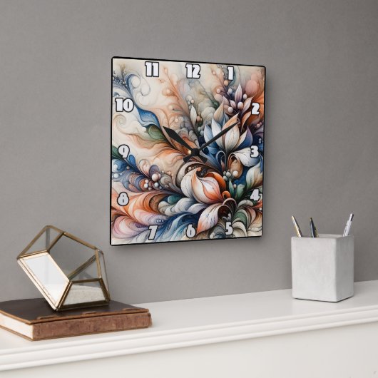 鮮やかフローラ旋回アートワーク スクエア壁時計 (オフィス)