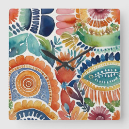 鮮やかフローラ爆発：水彩壁時計 スクエア壁時計