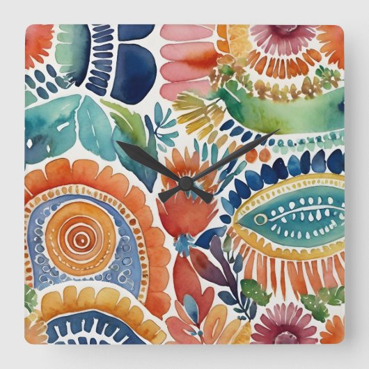 鮮やかフローラ爆発:水彩壁時計 スクエア壁時計 (正面)