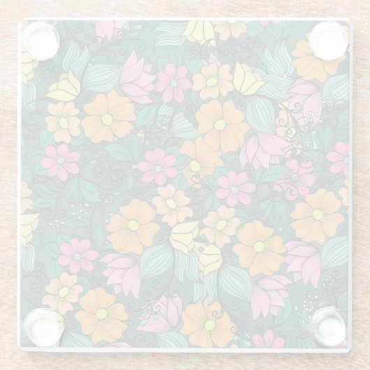 鮮やかフローラ:緑の背景ヴィンテージ。 ガラスコースター (裏面)
