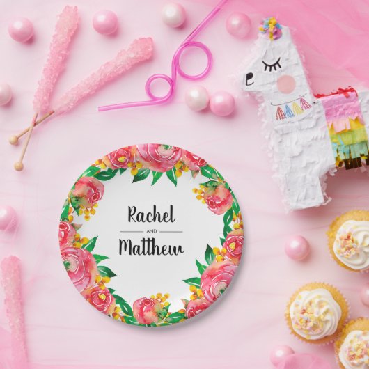 鮮やかホットピンクと黄色のフローラ水色 ペーパープレート (パーティー)