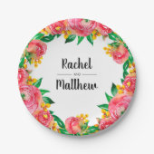 鮮やかホットピンクと黄色のフローラ水色 ペーパープレート (正面)