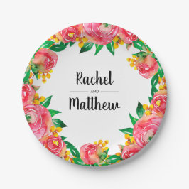 鮮やかホットピンクと黄色のフローラ水色 ペーパープレート