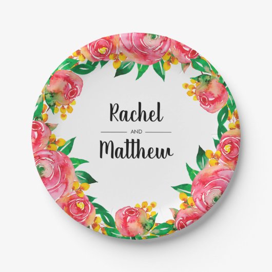 鮮やかホットピンクと黄色のフローラ水色 ペーパープレート (正面)