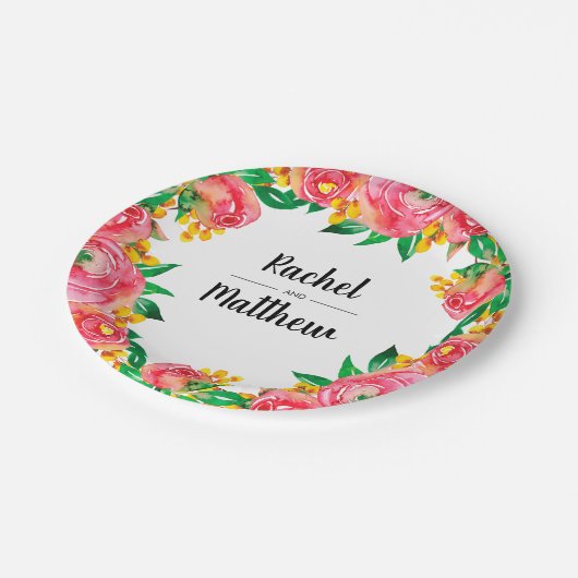 鮮やかホットピンクと黄色のフローラ水色 ペーパープレート (アングル)