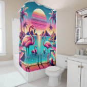 "鮮やかミッド・センチュリーモダンフラミンゴ・プールの夕日" シャワーカーテン (インサイチュ)
