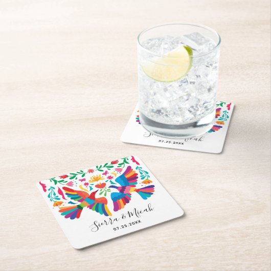 鮮やかメキシインスパイアコの鳥とフローラ スクエアペーパーコースター (インサイチュ)