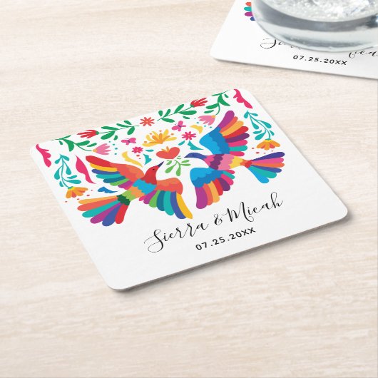 鮮やかメキシインスパイアコの鳥とフローラ スクエアペーパーコースター (アングル)