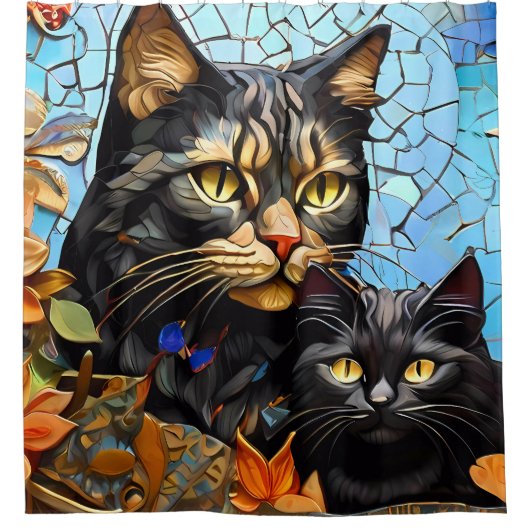 鮮やかモザイク猫ステンドグラス芸術的猫 シャワーカーテン (正面)