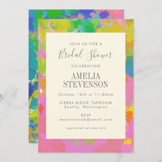 鮮やかモダン抽象芸術カラフルブライダルシャワー 招待状 (正面/裏面)