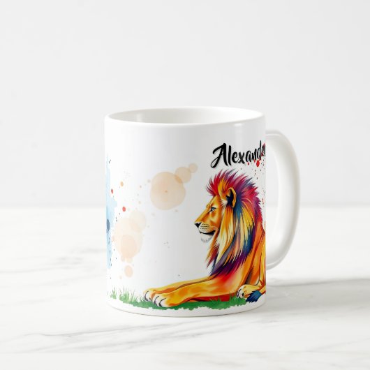 鮮やかライオ絵を描(ばちゃばちゃ)跳ねる コーヒーマグカップ (正面右)