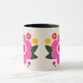鮮やかレトロの花 – はっきりしたピンクと黄色のフローラ マグカップ (中央)