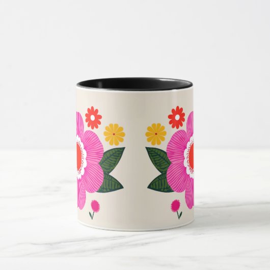鮮やかレトロの花 – はっきりしたピンクと黄色のフローラ マグカップ (中央)