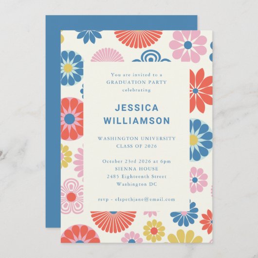 鮮やかレトロフローラカラフル卒業党 招待状 (正面/裏面)