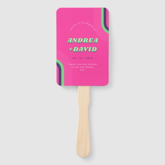 鮮やかレトロレインボーホットピンク70s結婚式 プログラム ハンドファン (正面)