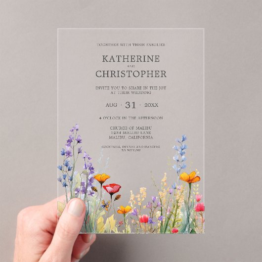 鮮やかワイルドフラワーエレガントな澄ん結婚式 アクリル招待状 (インサイチュ (ポータブル))