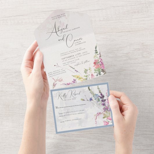 鮮やかワイルドフラワーピンク紫イエローオールインワン オールインワン招待状 (貼ってはがせる)