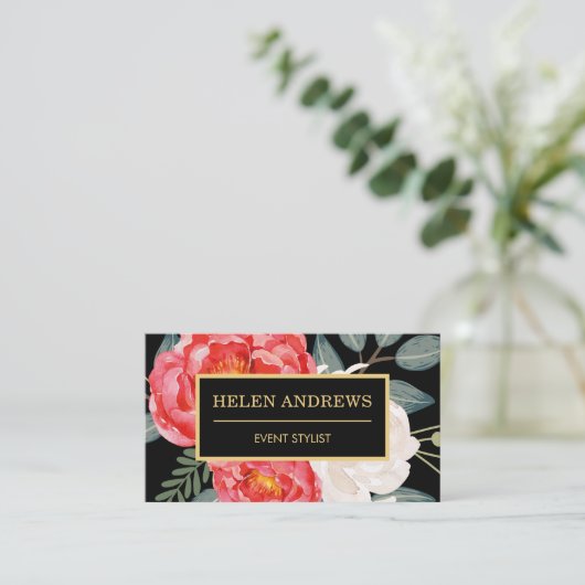 鮮やかヴィンテージ赤フローラ 名刺 (スタンド正面)