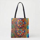 「鮮やか万華鏡のように千変万化するパターン:インディアンフォークアートマスターピース トートバッグ (正面)