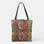 「鮮やか万華鏡のように千変万化するパターン:インディアンフォークアートマスターピース トートバッグ (裏面)
