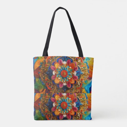 「鮮やか万華鏡のように千変万化するパターン:インディアンフォークアートマスターピース トートバッグ (裏面)