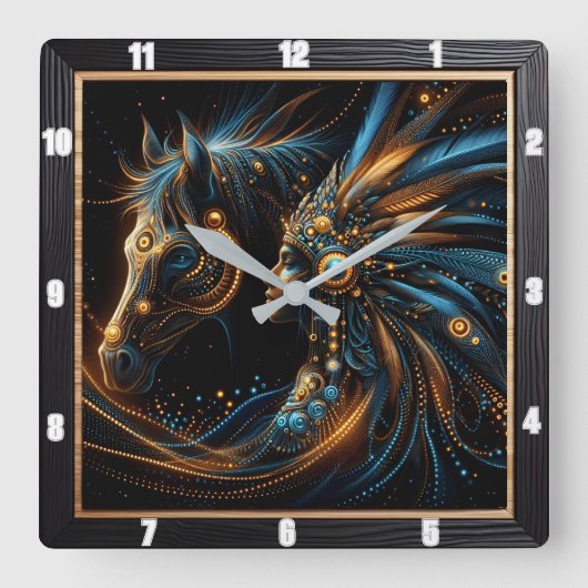 鮮やか先住民インディアン及び馬の調和 スクエア壁時計 (正面)