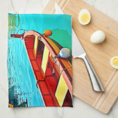 鮮やか地中海のポートデザイン キッチンタオル (四つ折り)