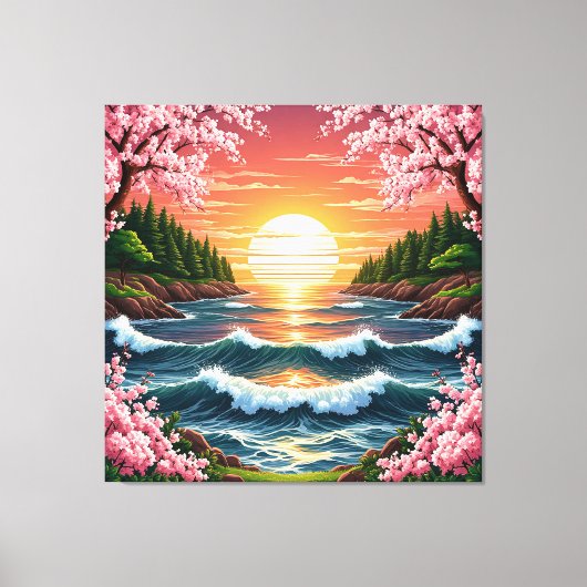鮮やか夕日の海波 キャンバスプリント (正面)
