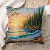 鮮やか夕日の海波 クッション (ブランケット)