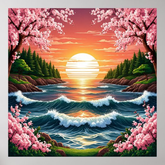 鮮やか夕日の海波 ポスター (正面)