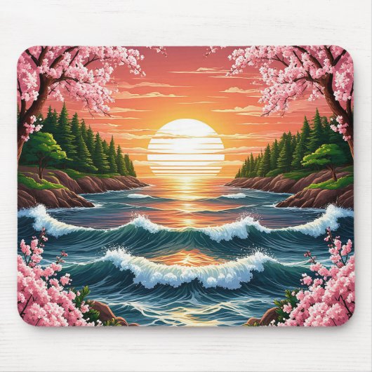 鮮やか夕日の海波 マウスパッド (正面)