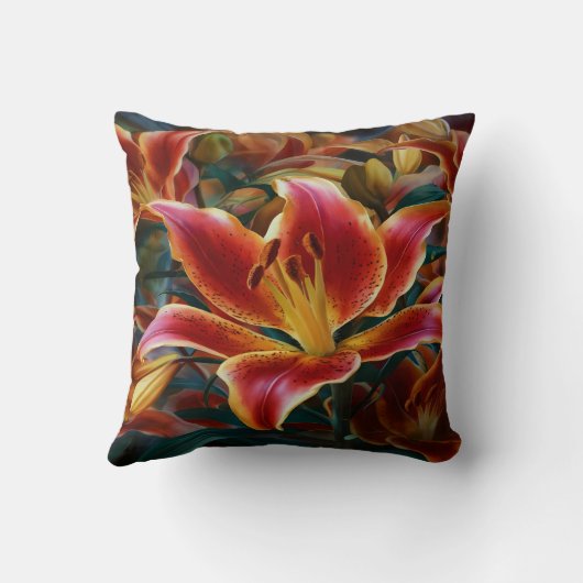 鮮やか夕暮れの庭でリリー開花 クッション (裏面)