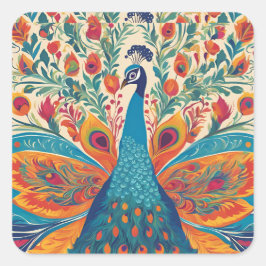 鮮やか孔雀:メキシコ美術スタイルアクセント枕 スクエアシール