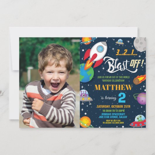 鮮やか宇宙ロケット船惑星誕生日写真 招待状 (正面)