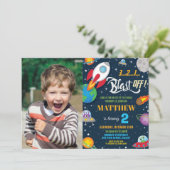 鮮やか宇宙ロケット船惑星誕生日写真 招待状 (スタンド正面)