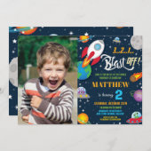 鮮やか宇宙ロケット船惑星誕生日写真 招待状 (正面/裏面)