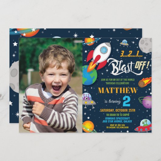 鮮やか宇宙ロケット船惑星誕生日写真 招待状 (正面/裏面)